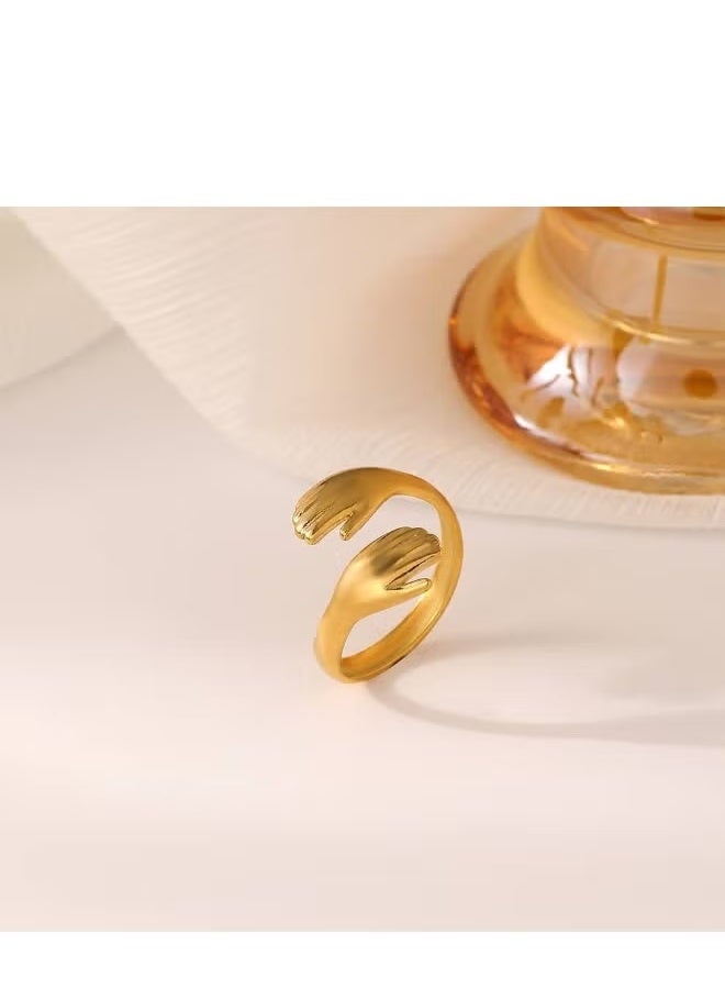 خاتم أيدي الحب المتعانقة (Hug Ring) ذهبي - تصميم مفتوح قابل للتعديل - استانلس ستيل - Image 2